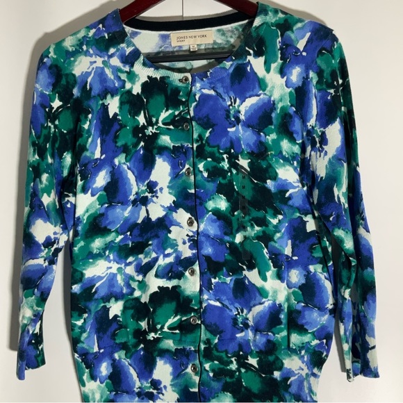 Jones New York Blue Green White 3/4 Sleeves Button Up Sweater Round Neck Size M - Picture 11 of 16